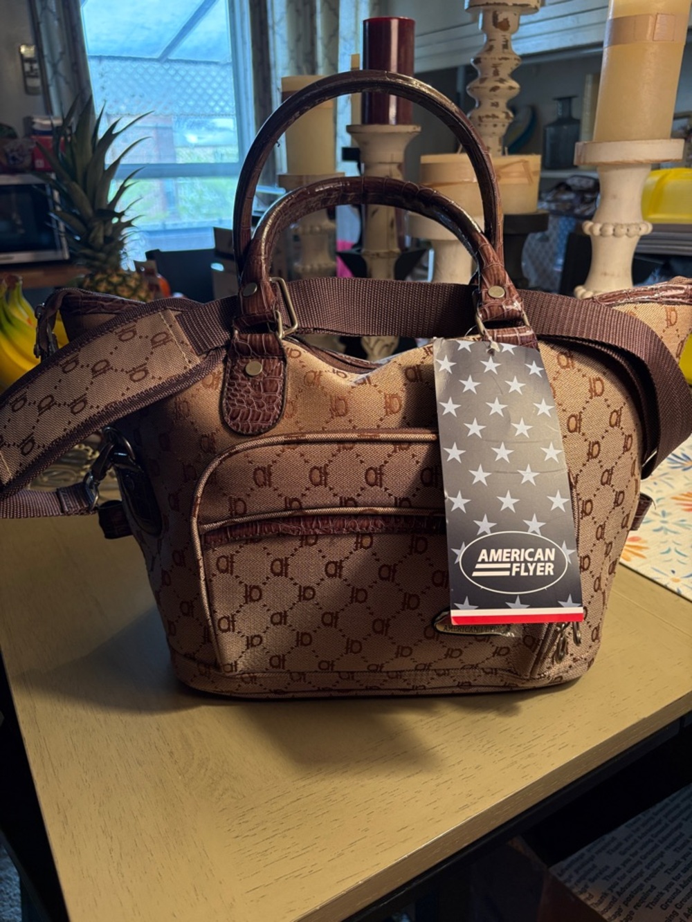 American Flyer Brown Monogram Satchel Bag Carry On - Picture 3 of 6